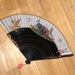 Hand Painted Madrid Fan Fabric Wood EUC Vintage